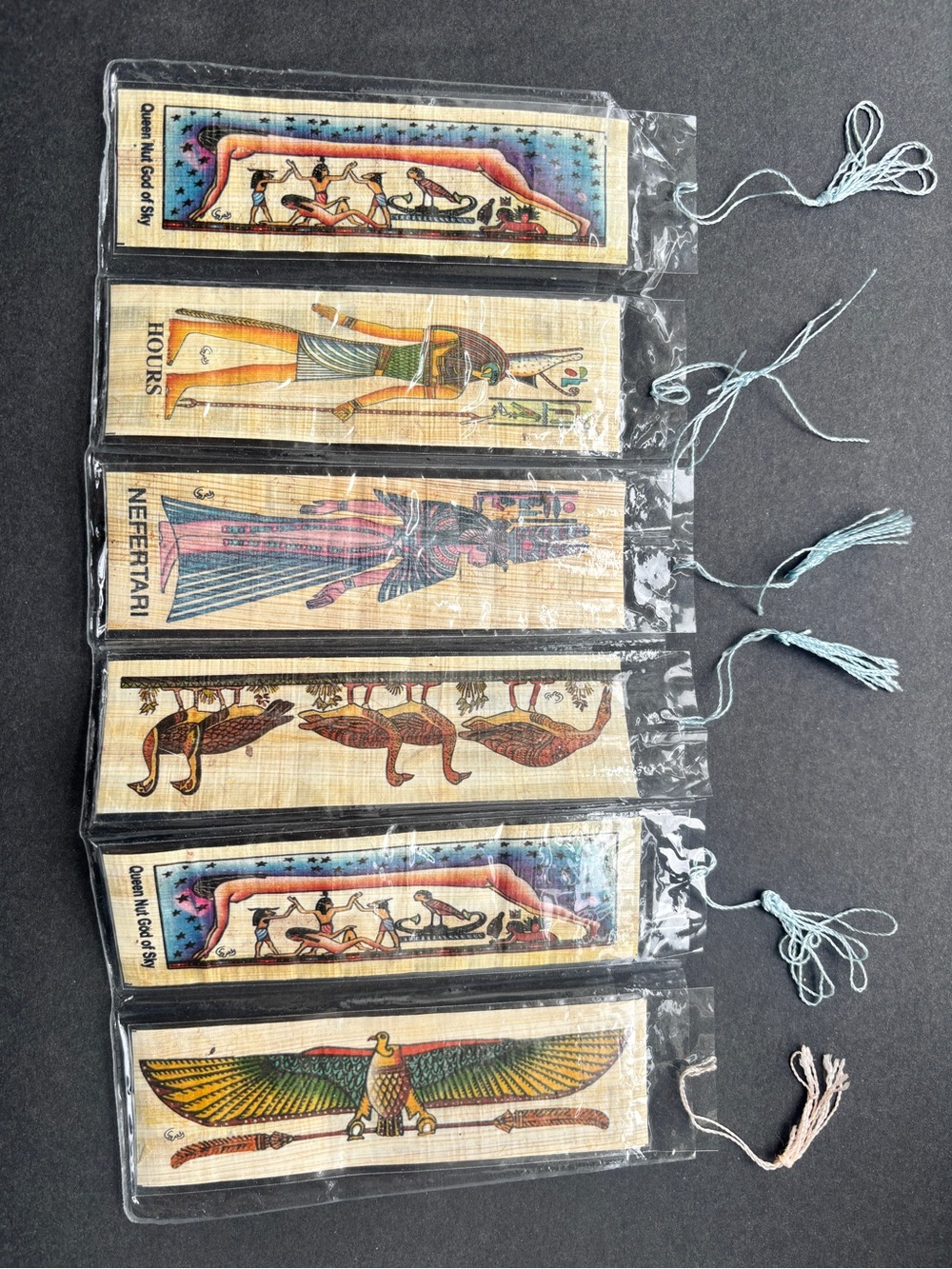 Set of 6 Papyrus Egyptian Art Bookmarks with Tassels, Flexible, Multicolor